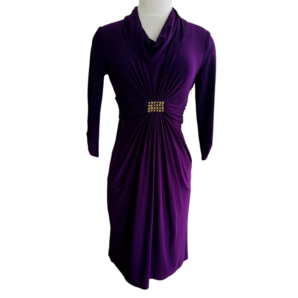 Jones New York  Wm 6 Cowl Neckline Gathered Waist W/Gold Stud Embellished Dress